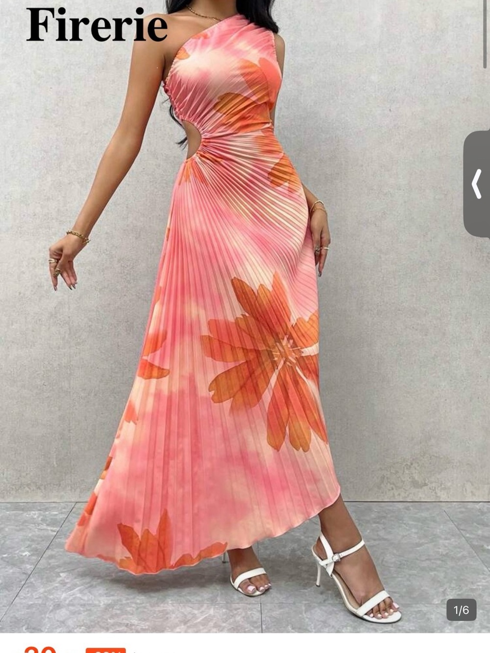 SHEIN Pink & Orange Floral One-Shoulder Pleated Maxi Dress